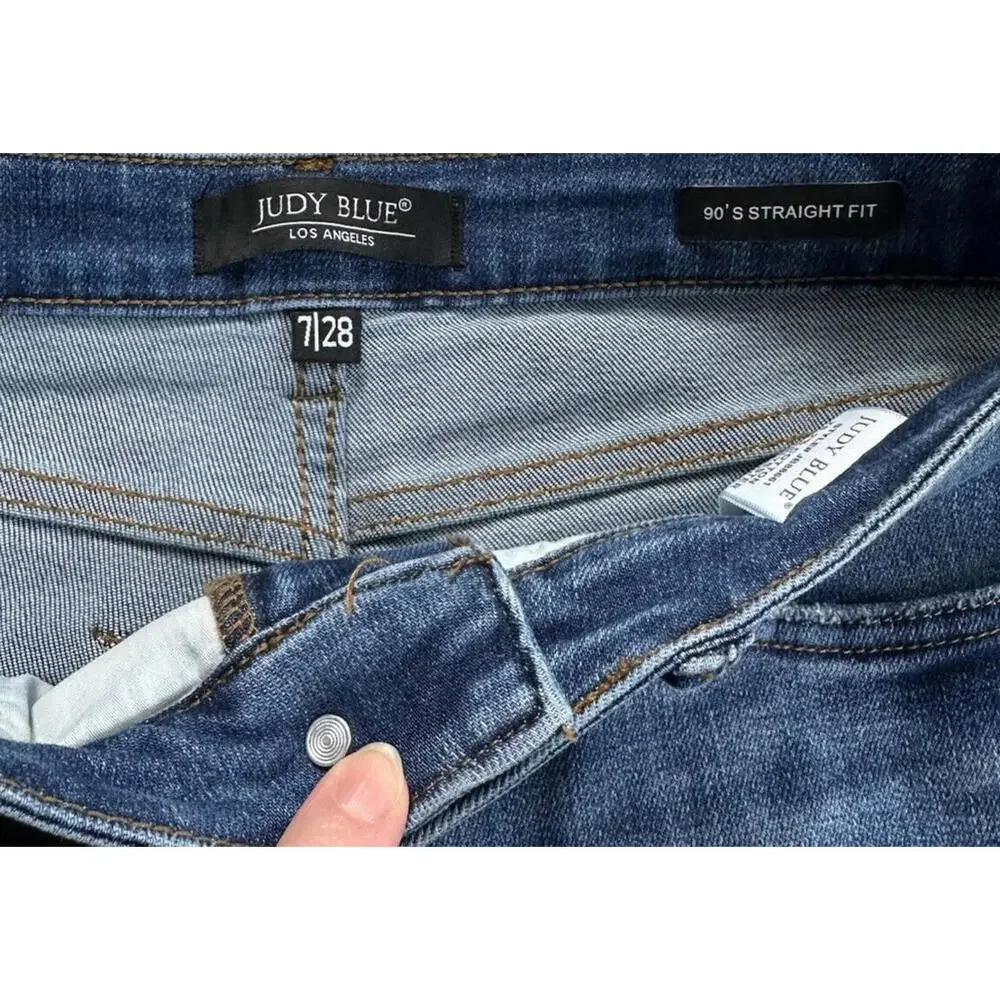 Judy Blue Womens 7/28 Jeans 90's Straight Raw Hem Distressed Stretch Medium Wash - Picture 5 of 7